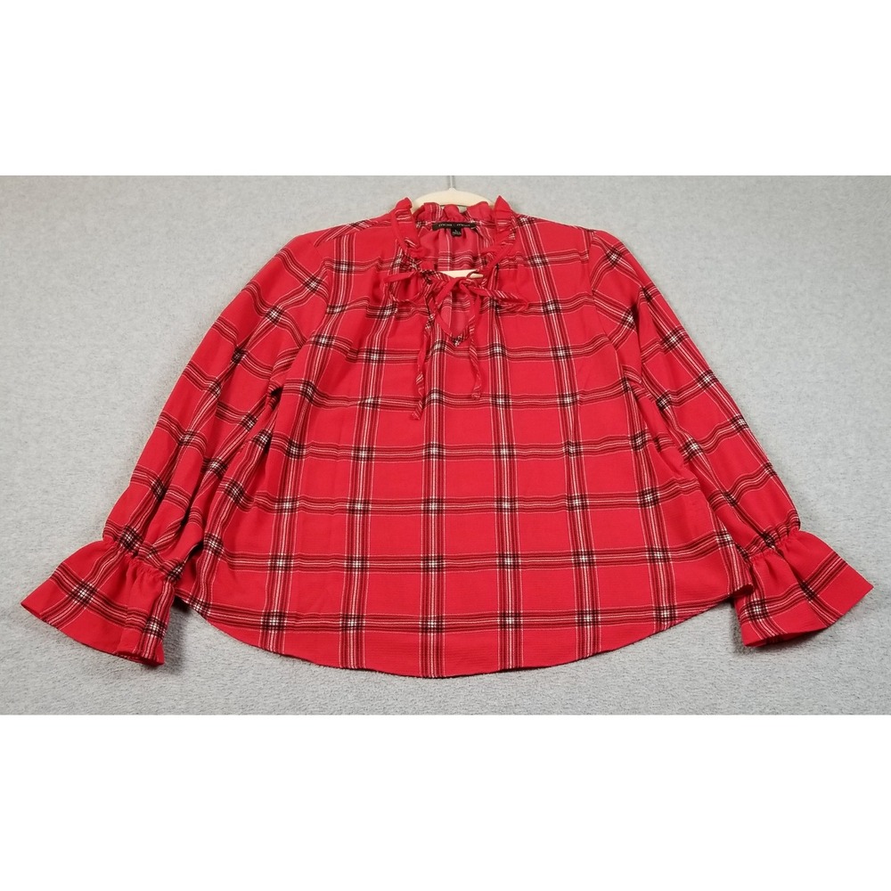 Moa Moa Blouse Womens L Large Red Black Plaid Ruffle Neck Tie Long Sleeves Top
